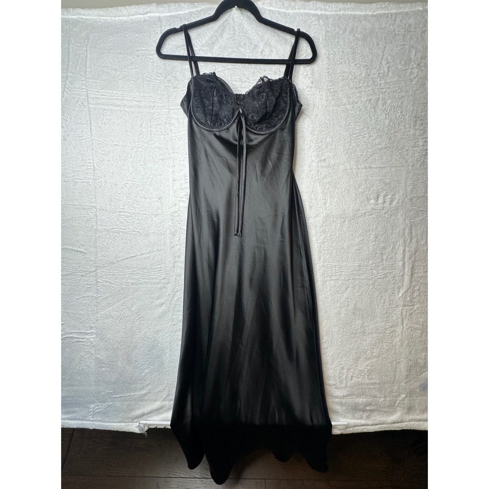 Princess Polly Satin Lace Midi Dress Women Size 8 Black Cutout Back Strappy